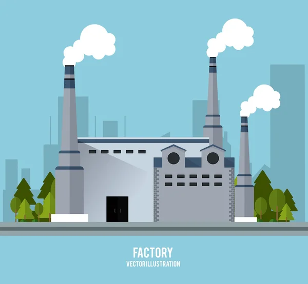 Plante árvores edifício chaminé fábrica indústria ícone. Gráfico vetorial — Vetor de Stock