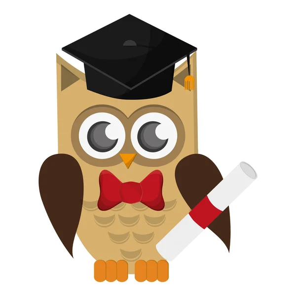 Desenho animado coruja com tampa de graduação e ícone de diploma —  Vetores de Stock