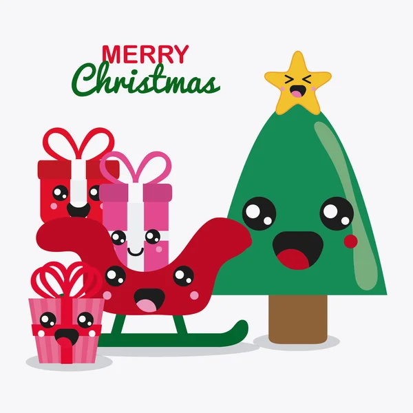 Kawaii Pine Tree i prezenty. Wesołych Świąt Bożego Narodzenia. Wykres wektorowy — Wektor stockowy