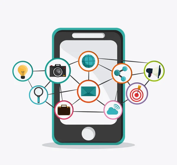 Smartphone und Icon Set Design. Soziales Netzwerk. Vektorgrafik — Stockvektor