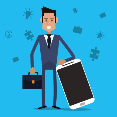 İşadamı akıllı telefon bavul simgesi. Vektör grafiği