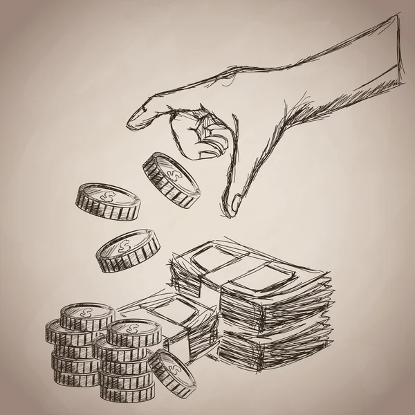 Monedas de mano billetes icono de negocio de dinero. Gráfico vectorial — Vector de stock
