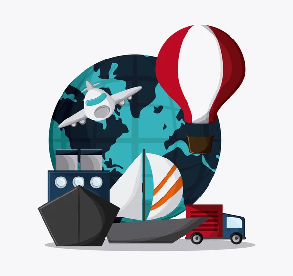 Planeta globo de aire caliente avión barco camión velero icono . — Vector de stock