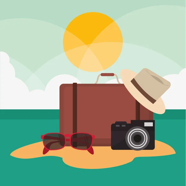 Mala chapéu óculos câmera férias verão viagem ícone . — Vetor de Stock