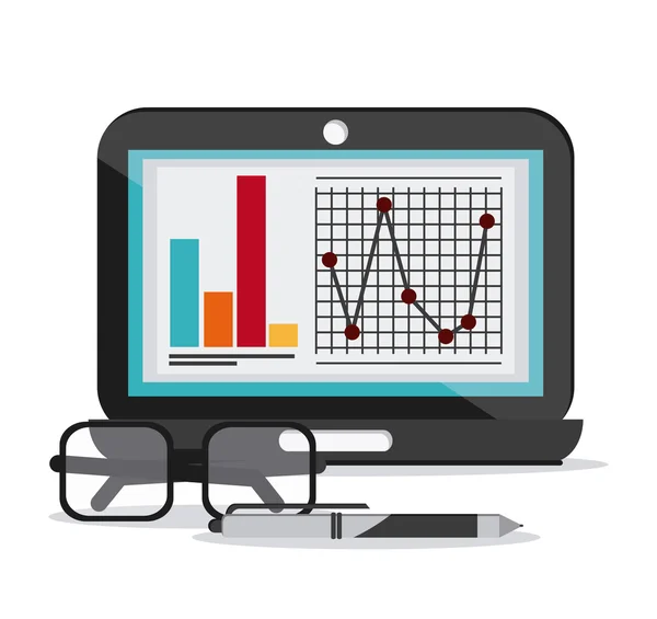 Laptop documento infográfico óculos caneta ícone —  Vetores de Stock