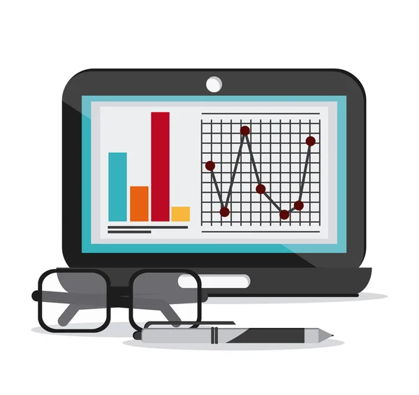 Ordinateur portable document infographie lunettes stylo icône — Image vectorielle