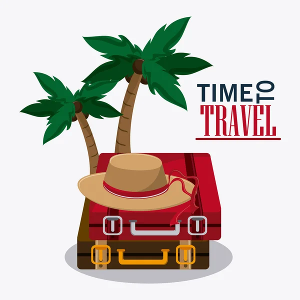 Tiempo para viajar vacaciones sombrero palmera maleta diseño — Vector de stock