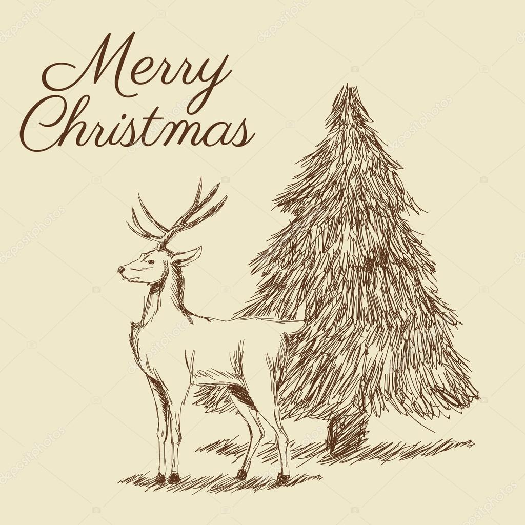 Sosna drzewo renifer jelenia merry christmas ozdoba celebracja ikona Remis na biaÅ‚ym tle i szkic projektu Ilustracja wektorowa — Wektor od jemastock