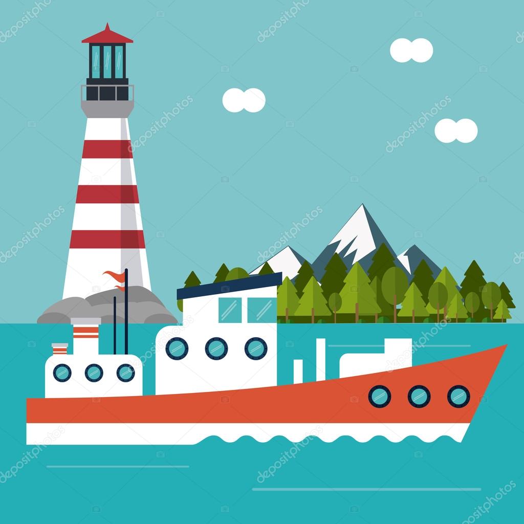 Barca montagne pino alberi nube faro mare giudizi trasporto icona della nave Design colorato e piatto Priorit  bassa blu