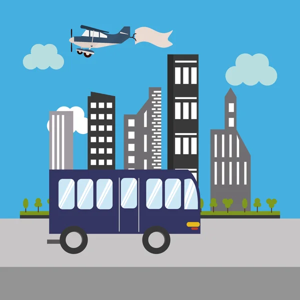 城市公交车和建筑物图标 — 图库矢量图片