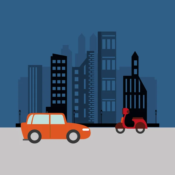 Carro e scooter com imagem de transporte de fundo da cidade — Vetor de Stock