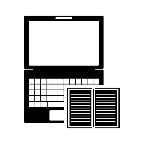 Vista frontal do laptop e ícone de livro aberto —  Vetores de Stock
