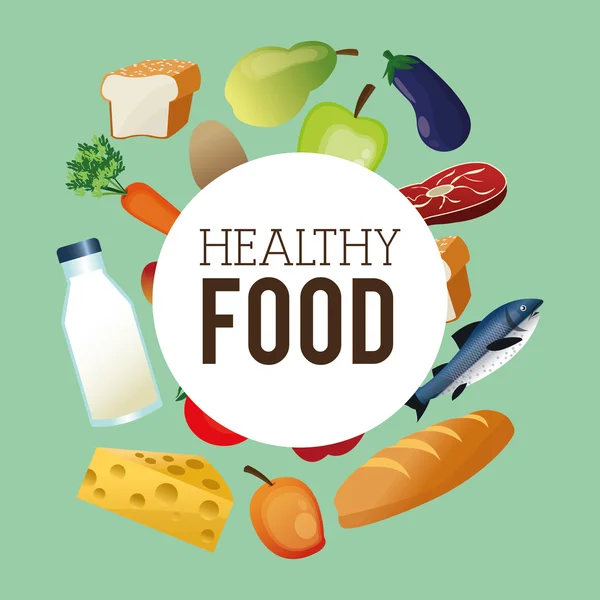 Emblema de iconos de alimentos saludables surtidos — Archivo Imágenes Vectoriales