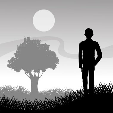Çim ağaç ve adam siluet tasarım