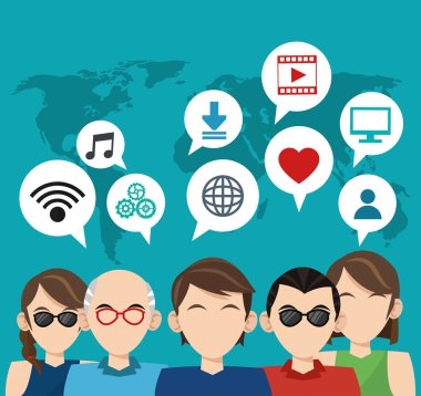 Sosyal medya ve ağ tasarımı mavi arka plan üzerinde