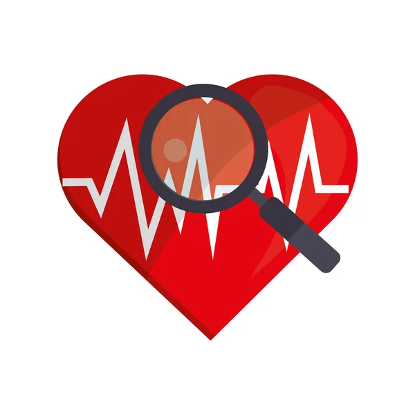 Cardiogramme cardiaque et icône en verre grossissant — Image vectorielle