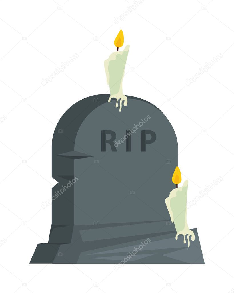 cemetery tomb with rip word and candles