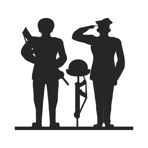 Skupina důstojníků vojáci salutující siluetu — Stockový vektor