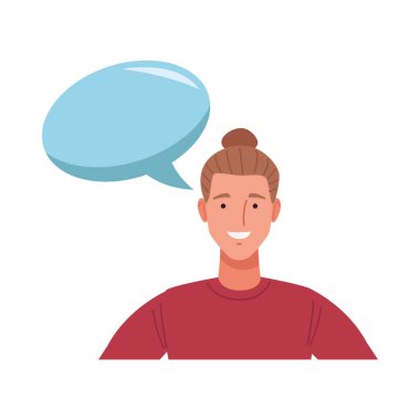 Uzun saçlı, mükemmel olmayan karakterli, konuşma baloncuklu bir adam.