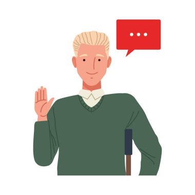 Koltuk değnekli adam konuşma baloncuğu ile mükemmel olmayan karakter