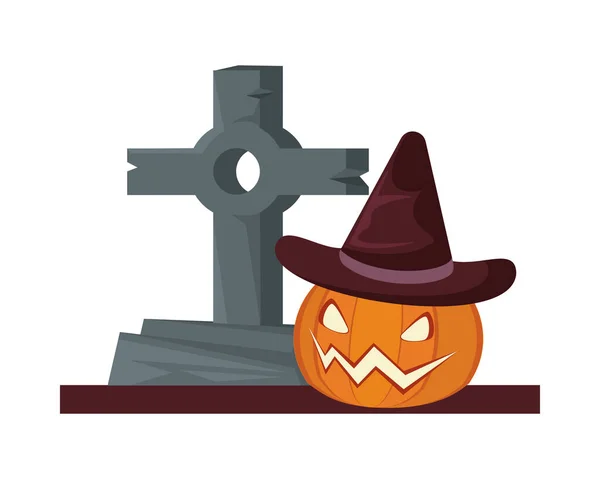 Citrouille halloween portant chapeau de sorcière avec cimetière cimetière — Image vectorielle