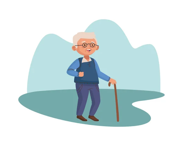 Öregember időskor séta bottal karakter — Stock Vector