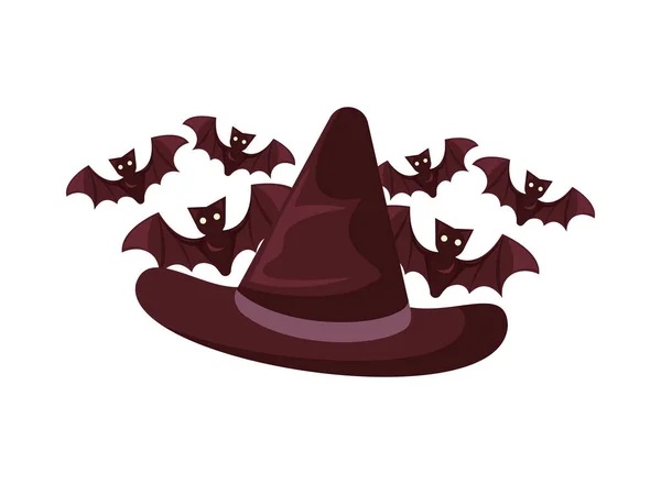 Halloween chapéu de bruxa acessório e morcegos voando —  Vetores de Stock