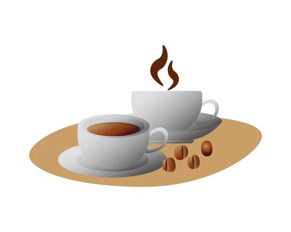 Delicioso café em copos de cerâmica e grãos —  Vetores de Stock