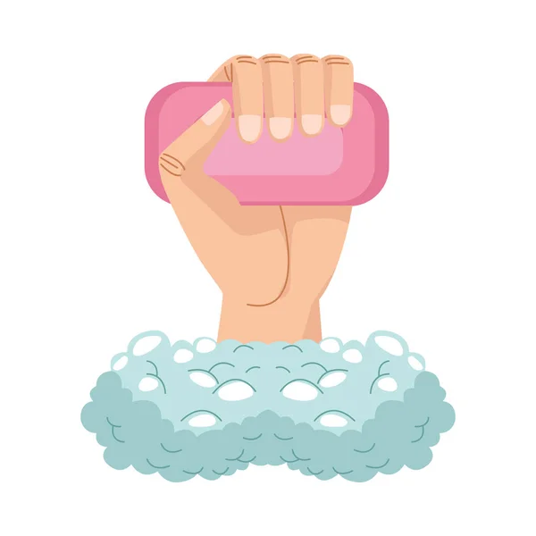 Main avec produit barre de savon et mousse — Image vectorielle