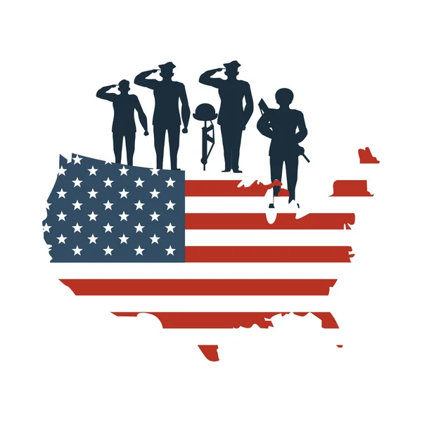Soldater siluett i karta med USA flagga — Stock vektor
