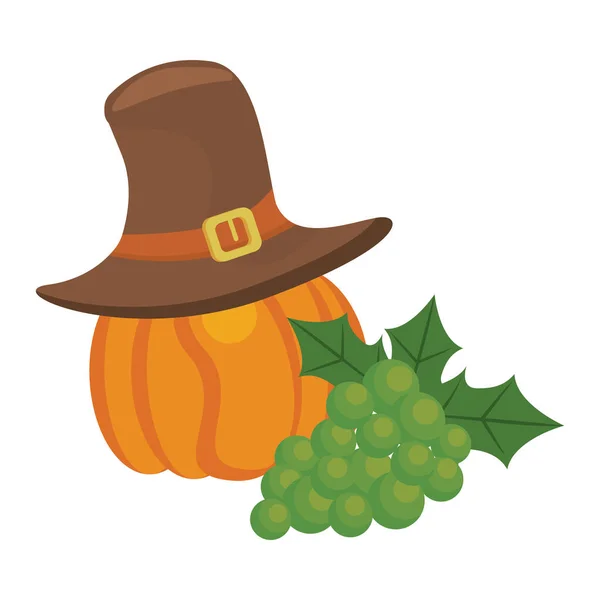 南瓜，头戴朝圣的帽子，还有葡萄感恩节 — 图库矢量图片