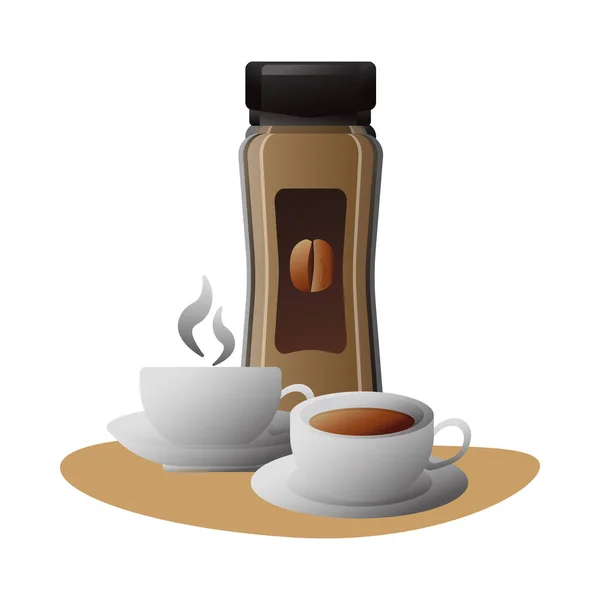 陶瓷杯和产品瓶中美味的咖啡 — 图库矢量图片