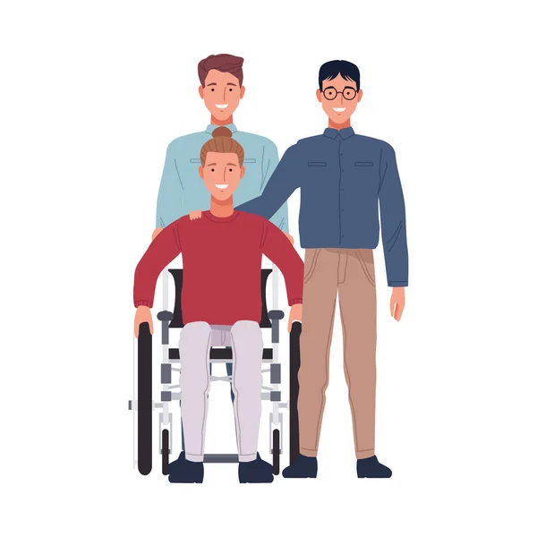 Σπασίκλας με κοκαλιάρηδες άνδρες και ο άνθρωπος σε αναπηρική καρέκλα τέλεια ατελείς χαρακτήρες — Διανυσματικό Αρχείο