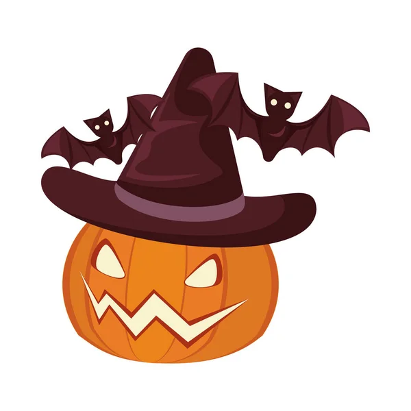 Хэллоуин тыква в колпаке ведьмы и летят летучие мыши — стоковый вектор