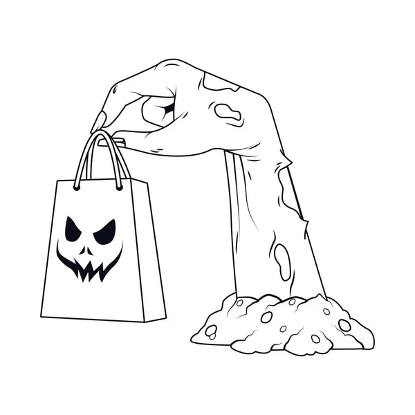 Morte mão zumbi com saco de compras ícone halloween — Vetor de Stock