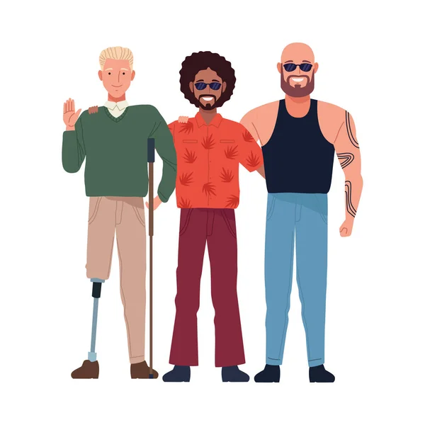 Afro-und Bal-Männer mit Mann mit Beinprothese perfekt unvollkommene Charaktere — Stockvektor