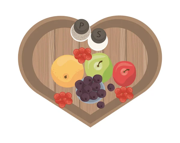 Condimentos y comida saludable en tablero de cocina de madera con forma de corazón — Archivo Imágenes Vectoriales