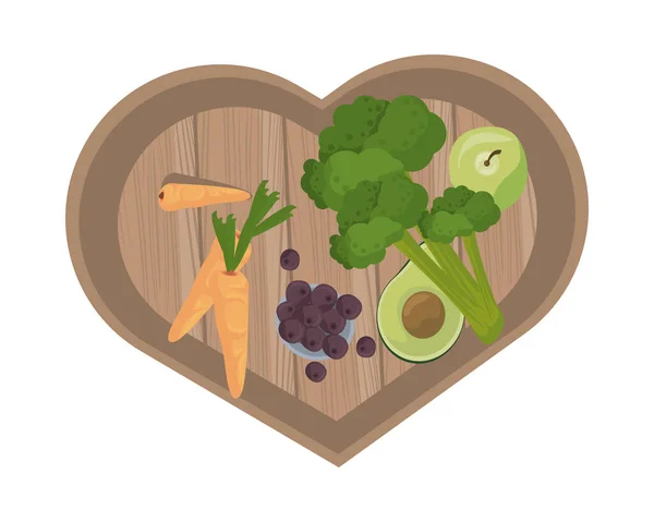 Verduras y zanahorias en tablero de cocina de madera con forma de corazón — Archivo Imágenes Vectoriales