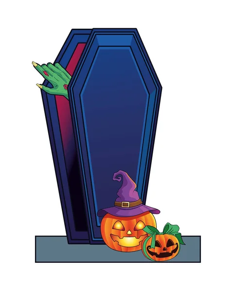 Death zombie hand in coffin and pumpkins halloween icon — Stock Vector