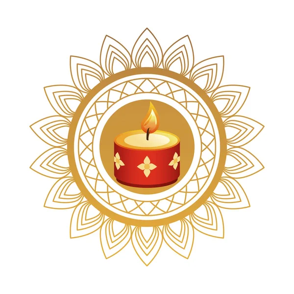 Hinduistické náboženství svíčka červená se zlatými květy a mandala rám — Stockový vektor