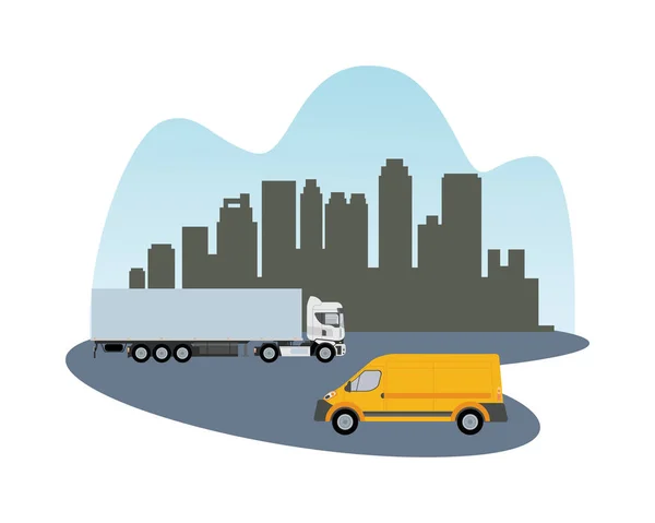 Camión blanco y camioneta amarilla vehículo transporte icono aislado — Vector de stock