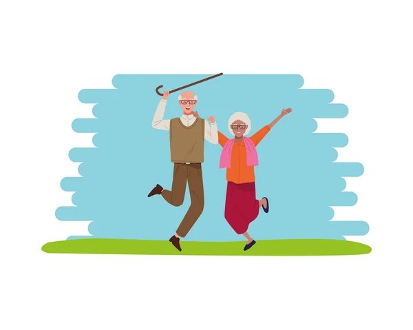 Διαφυλετικό ευτυχισμένο ηλικιωμένο ζευγάρι που γιορτάζει chararacters — Διανυσματικό Αρχείο