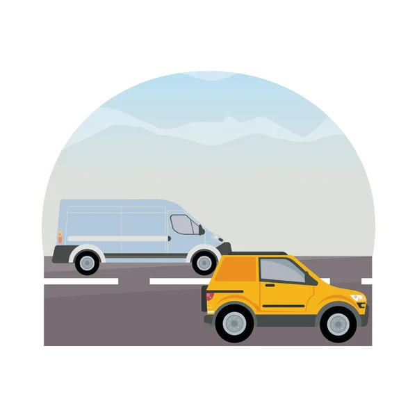 Furgoneta blanca y vehículos camper amarillos transportes — Archivo Imágenes Vectoriales