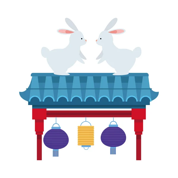 Милые кролики животные с китайскими лампами висит в арке — стоковый вектор