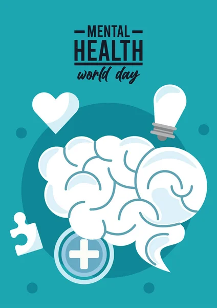 World mental health day campaign with brain organ and icons — Stock Vector