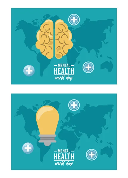 Campanha do dia mundial da saúde mental com cérebro e bulbo em mapas da terra — Vetor de Stock