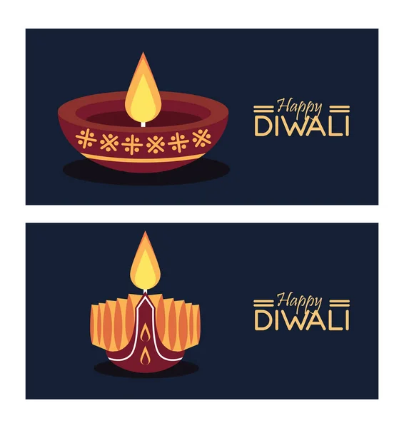 Fröhliche Diwali-Feier mit zwei Kerzen aus Holz und Schriftzügen — Stockvektor