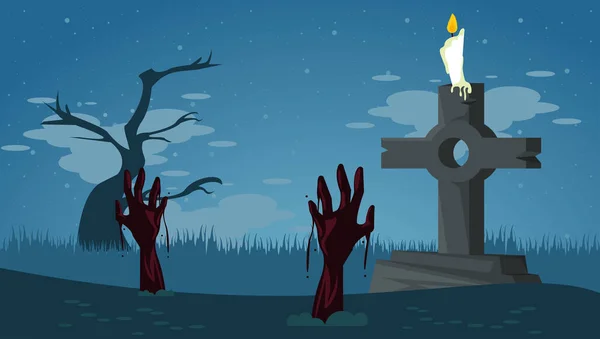 Tarjeta de celebración feliz halloween con zombis manos en cementerio tumba — Vector de stock