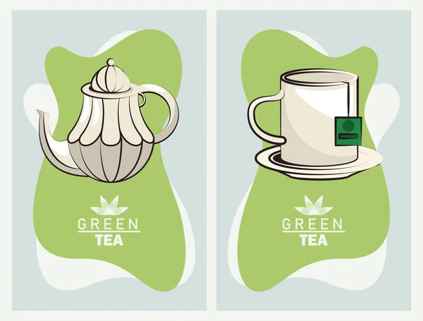 Cartel de letras de té verde con tetera y taza — Vector de stock