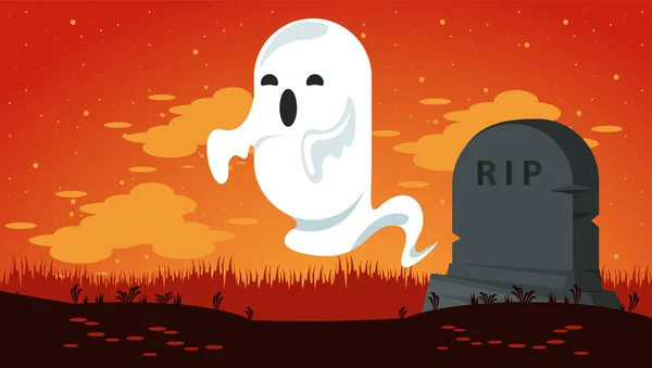 Felice festa di Halloween carta con fantasma nel cimitero — Vettoriale Stock